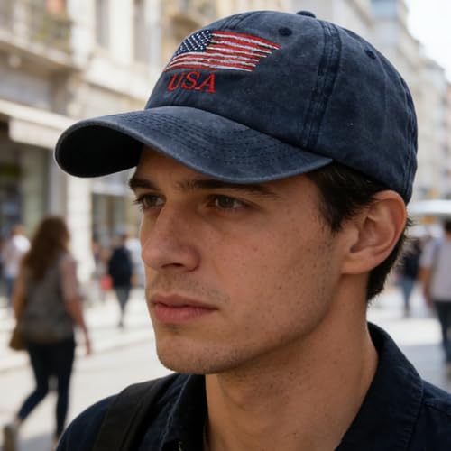 Image of IZUS Men's USA-Flag-Embroidered Baseball-Cap Washed-Cotton Dad-Tracker-Hat American-Independence-Day