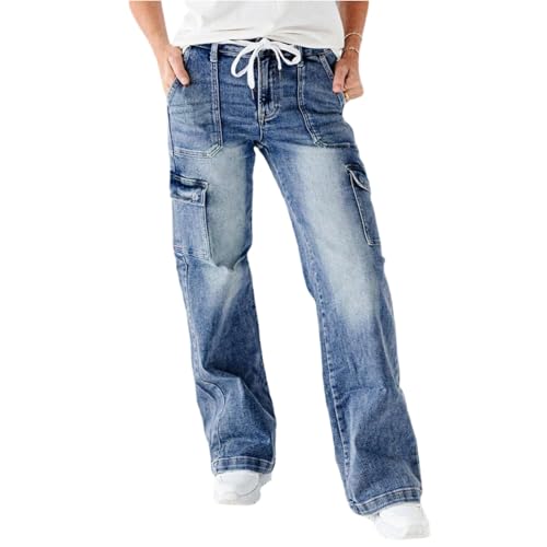 Womens Cargo Jeans Baggy Straight Leg High Waisted Jeans Wide Leg Denim Cargo Pants Trendy Streetwear Trousers