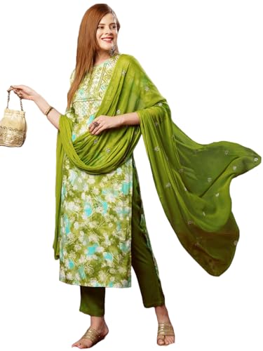 Tunique kurta en coton mélangé vert pour femme avec pantalon ajusté 36