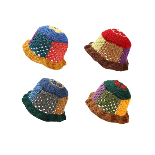 Golirsteca 4 Pack Floppy Brim Crochet Knitted Bucket Hat for Women Handmade Color Patchwork Beanies Cap