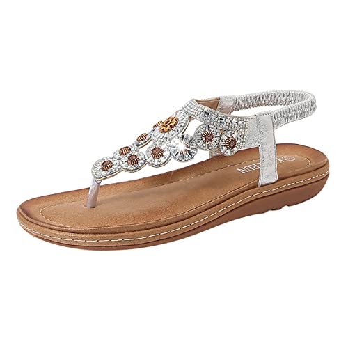 SHOBDW Sandalias Informales De Dedo Con Tira En El Tobillo Mujer Planas Correa Para Mujer Zapatos Vestir Imitación Cómodos Punta Abierta Sin Tirantes Tobillo Romanas Chanclas Barefoot Plata 41