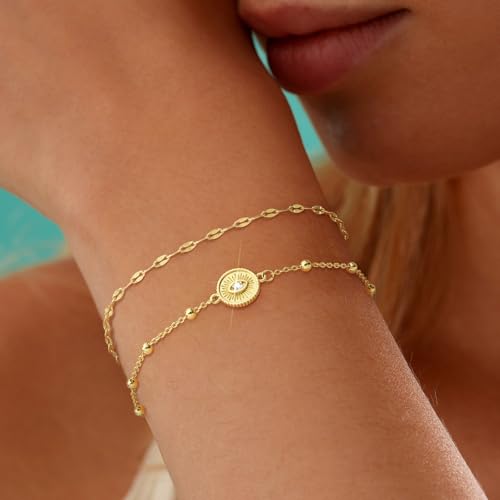 18K Gold Evil Eye Bracelets for Women 5A Cubic Zirconia Eye Adjustable Link Bracelets Protection Jewelry Gift with Card for Mother's Day Christmas3