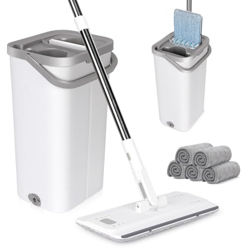 MASTERTOP Serpillière Seau Essoreur, Balai Plat Microfibre Rotative 360° et Seau Essoreur Auto-Lavage, Vadrouille de Mains Libre pour Nettoyage de Sol Lisse...