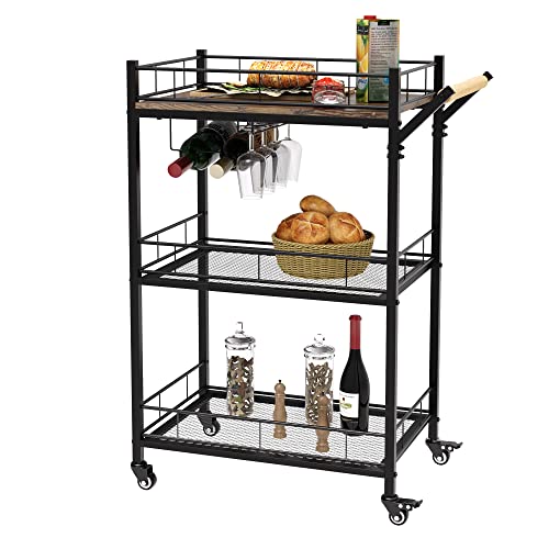 Anyhi Kitchen Serving Cart, 3-Tier Bar Cart On Wheels, Microwave Cart With Wine Rack And Handle Rack, Industrial Serving Trolley With Shorage Shelves For Toaster, Oven, Rustic Brown #TOP23