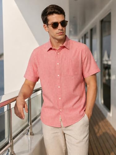 Image of Thomas Scott Men's | Solid | Linen Blend | Slim Fit | Short Sleeve | Spread Collar | Casual |Shirts for Men