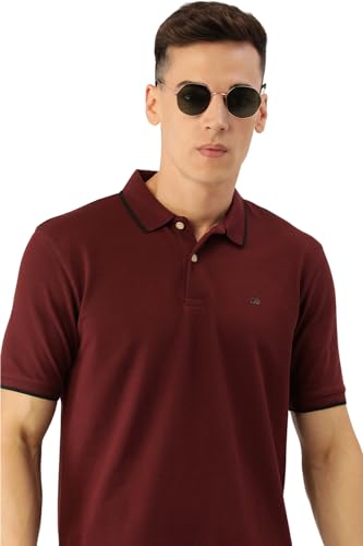 Image of Peter England Men's Snug Fit Solid Polo T-Shirt with Coloured Collar Tipping| Cotton Rich| Premium Pique Weave