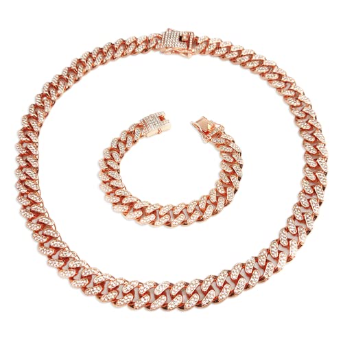 Chaîne Cubaine Homme Iced Out Miami Collier et Bracelet Cubain Chaîne Gourmette Ensemble Collier en Grosse Maille Hip Hop Chaîne avec Strass Homme Chaîne Pendentif Bijoux Cadeau Homme Femme, Or Rose Cover