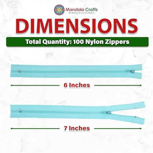 Image of Mandala Crafts 100 PCs Turquoise Closed-End 6 Inch Nylon Zippers for Sewing