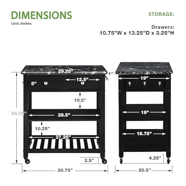 OSP Home Furnishings Litchfield Modern Farmhouse Kitchen Cart, Solid Wood Frame with Storage Drawers, Shelves, Locking Casters, Black with Faux Marble Top-w0iYDYou