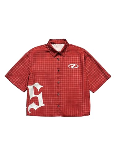 VIPWOLF Men's Plaid Oversized Tshirts Short Sleeve Collared Button Up Streetwear Baggy Tees Red Medium