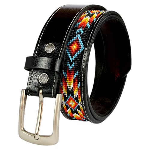 Men's 100% Grain Leather Cowboy Beaded Belt With Classic Simple Buckle.