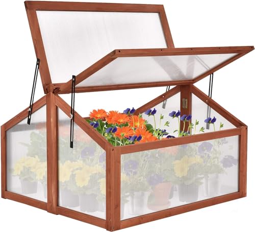 Happygrill Cold Frame, Indoor Outdoor Greenhouse with Foldable Transparent Top, Adjustable Stays & Easy Installation, Portable Mini Greenhouse for Balcony, Garden, Backyard, 35.5