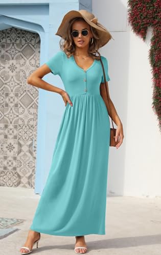 Image of GRECERELLE Womens Summer Long Maxi Dresses 2026 Short Sleeve V Neck Casual Button Dress with Pockets
