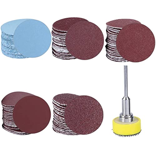 Treki 100pcs Discos de Lija de Almohadillas 25 mm Papel de Lija Grano 100/180/ 240/400/ 1500/3000 con Almohadilla de Pulido Abrasivo + Herramienta Rotativa de Vástago de 1/8 Pulgadas