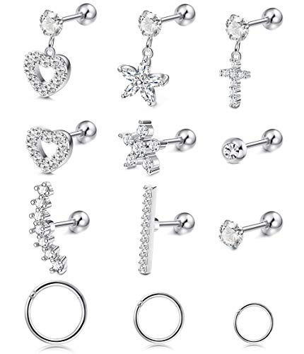 LOYALLOOK 12Pcs Stainless Steel Helix Cartilage Tragus Stud Earring Hoops Rings Set for Women CZ Helix Conch Daith Piercing Jewelry