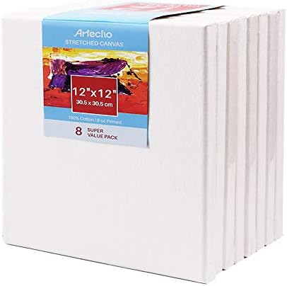 Artecho 12x12 Inch Stretched Canvas, White Blank 8 Pack, Primed 100% Cotton, Value Bulk Pack for Painting, Acrylic Pouring, Oil Paint & Artist Media