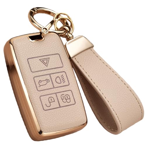 Axtrulix Key Fob Cover for Range Rover with Key Chain Upper Leather + Soft TPU Key Cover Case Shell for Jaguar XE XJ XF Land Rover Sport Velar Evoque Defender Discovery (Cream)