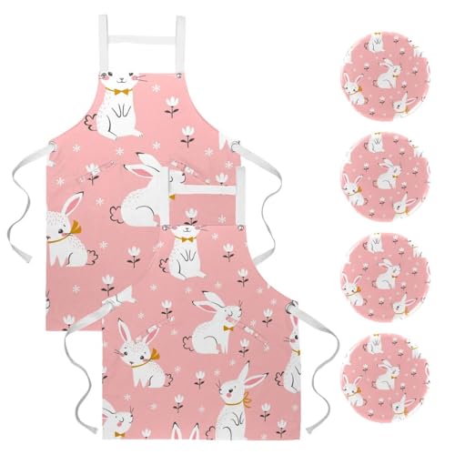 Lot de 2 tabliers de cuisine à motifs lapins et fleurs roses avec broches