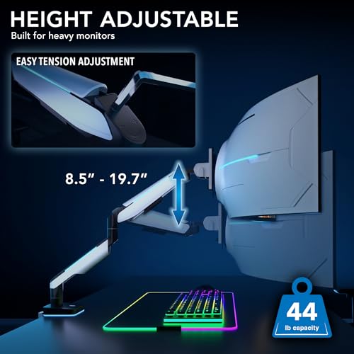 Image of Mount-It! Heavy-Duty Ultrawide Monitor Arm up to 49 inch / 44 lb for Samsung Odyssey G9, 75x75 and 100x100 VESA Desk Mount for Widescreen Curved Monitors, Gas Spring, RGB Lights, Clamp and Grommet