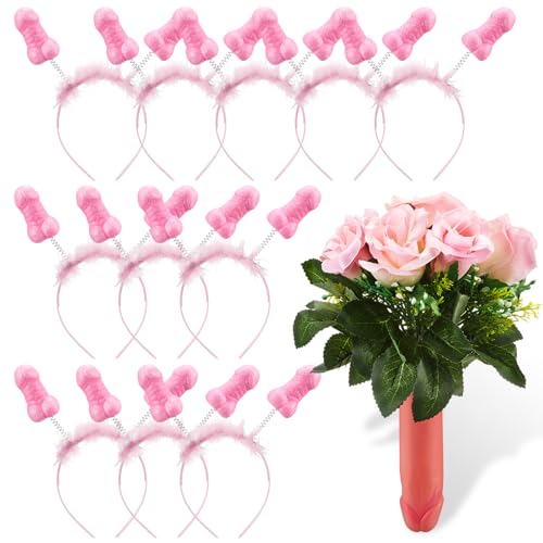 Boyiee Set de Accesorios de Pene para Despedida de Soltera 25 cm Ramo de Pene y 11 Diadema para Pene Bouquet de Flores de Pene Tocado de Pene Artículos de Broma para Mujer Hombre Despedida de Soltera