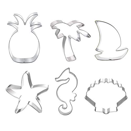Beach Themed Cookie Cutter Set - Set of 6 - Palm Tree Starfish Seashell Seahorse Sailboat and Pineapple - in Durable Stainless Steel