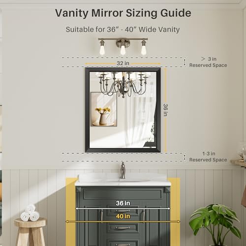 Image of Briivue 36x32 Inch Black Bathroom Mirror for Wall, Thick Metal Framed Rectangle Mirrors for Over Sink, Bedroom, Living Room, Entryway, Anti-Rust, HD Tempered Glass