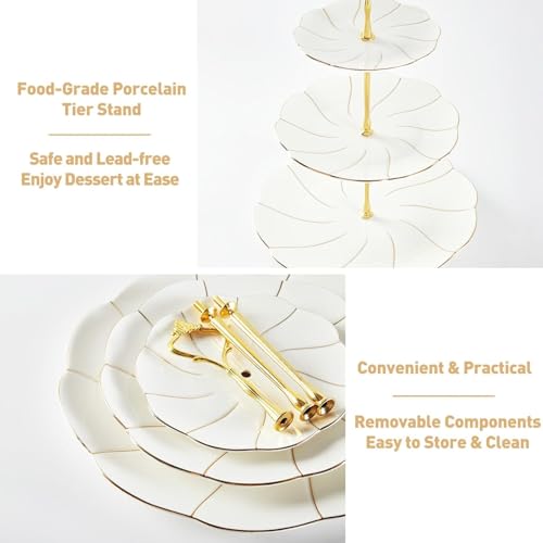 DUJUST Luxury Larger 3-Tier Cupcake Stand Tower, British Style Porcelain Serving Tray with Golden Trim, Food Grade Dessert Display Stand for Tea Party & Home Décor - 45% Larger Plates - Image 6