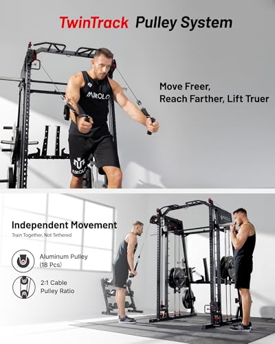 Mikolo M4 2.0 Ultra Smith Machine, Multi-Function Squat Rack with LAT-Pull Down System & Cable Crossover Machine, Training Equipment with Leg Hold-Down Attachment, Red