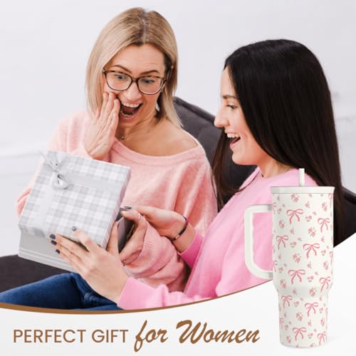 Bow Tumbler with Handle 40oz, Stainless Steel Insulated Tumblers Coffee Travel Cup with Slider Straw Lid, Gifts for Women Teen Girls Birthday