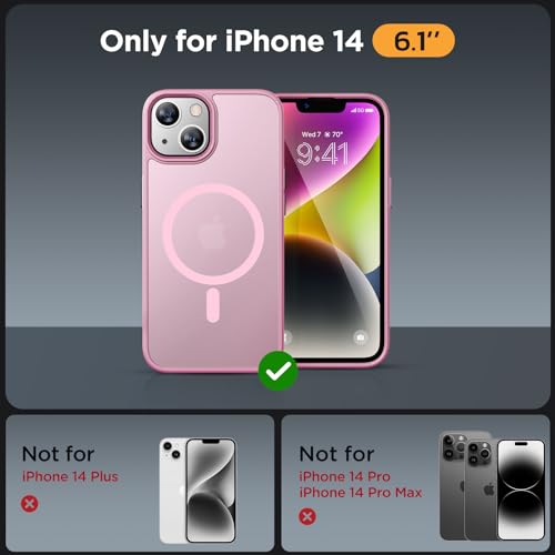 Image of Miracase for iPhone 14 Case [MagSafe Compatible] [2x 9H Tempered Glass] 12FT Military-Grade Drop Protection, Slim Translucent Matte, Anti-Fingerprint, Shockproof with Metal Buttons, Mes-Pink