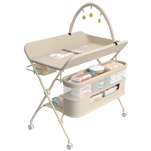 Supfine Table à Langer Pliable, Plan à Langer avec Panier Latéral et Tringle de Suspension, Réglable en Hauteur, avec roulettes Verrouillables et 3 Jouets Étoiles (Crème, 5 en 1)