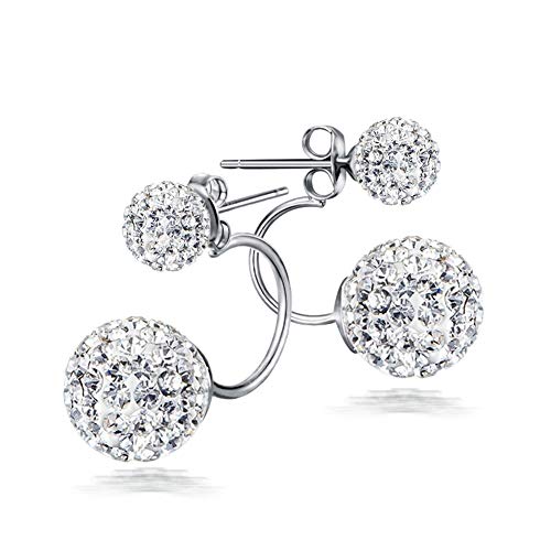 LSOOYH Two Wearing Methods Women Crystal Rhinestone Ear Jacket Earrings Double Ball Drop Ear Stud Earrings Women Jewelry Gift (White, Gold-Plated-Copper)