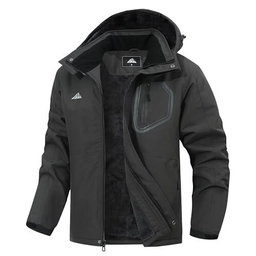 MAOYSSEN Men's waterproof ski jacket fleece lined warm winter hooded snow jacket windproof mountaineering ski windbreaker