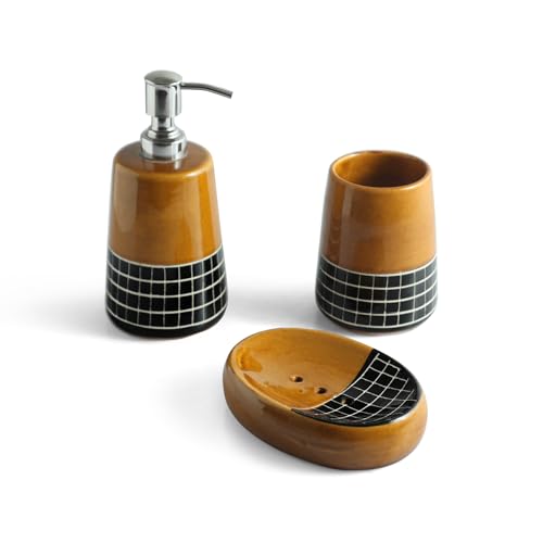 Image of ExclusiveLane 'Sun Checkered' Ceramic Soap Dispenser Set for Bathroom Wash Basin Bathroom Accessories Set of 3 (Liquid Soap Dispenser, Toothbrush Holder, Soap Tray Holder, Hand-Carved)
