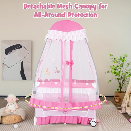 Image of BABY JOY 4 in 1 Pack and Play with Canopy, Portable Baby Playard with Bassinet, Double-Layer Baby Crib, Wheels & Brake, Foldable Baby Girl Pink Princess Bassinet from Newborn to Toddler