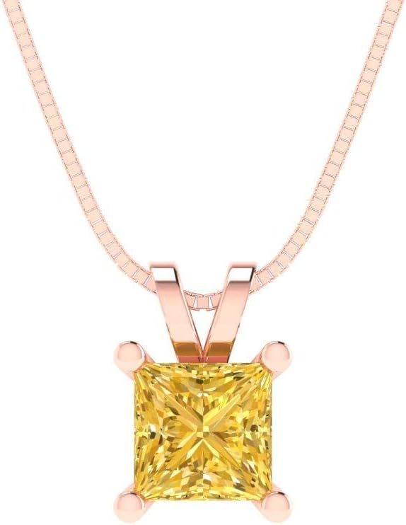 Clara Pucci 14K Rose Gold Plated Solitaire 16" Box-Chain Necklace - Sterling Silver 2.5ct Princess Cut Citrine Pendant