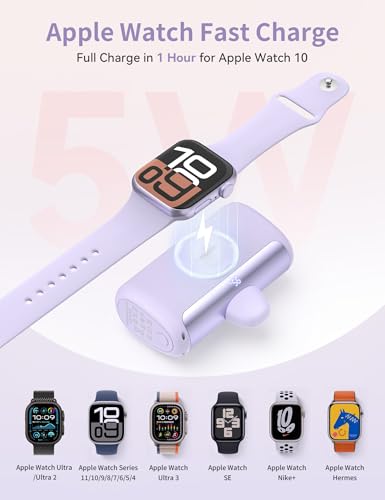 RORRY PalmGo Portable Charger, 10000mAh PD 22.5W Fast Charging Mini Power Bank with Built-in USB C Connector, 3-in-1 Battery Pack for iPhone 17/16/15 Pro/Max, Apple Watch Ultra/11/10/SE, iPad, Purple - Thumbnail 5