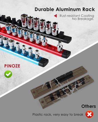 Image of PINOZE 8PCS Magnetic Socket Holder Organizer Set - 1 /4, 3 /8, 1 /2 - Aluminum Alloy Socket Rail Trays for Tool Box Drawer, Socket Rack Kit with 114Pcs Clips for Automotive Garage(Blue Red Black)