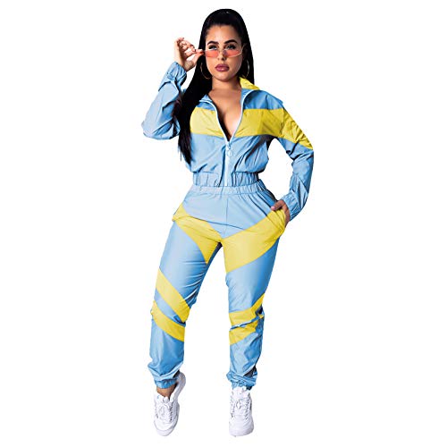 dPois Women's Colorblock One Piece Outfits Set High Waist Pants Long Sleeve Zippered Front Windbreaker Jumpsuit Tracksuit Blue&Yellow L