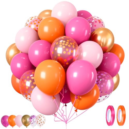 Arche Ballon Anniversaire Rose Orange,Helium Confettis Rose Rouge Latex Métallique Fushia 80 Pièces 12 Pouces pour Decoration Bapteme Baby Shower Mariage...