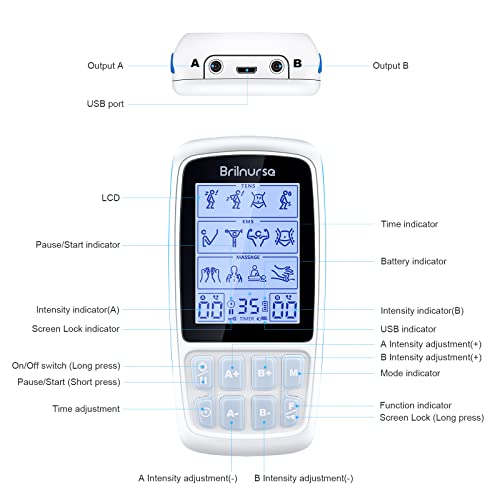 Brilnurse Dual Channel Tens Ems Massage Unit 28 Modes 40 Level Intensity Muscle Stimulator For Pain Relief, Rechargeable Mini Tens Machine Pulse Massager With 12 Pads/Storage Pouch/Pads Holder #TOP6