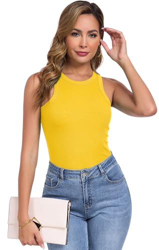 Qaffier Tank Top for Women High Neck Sleeveless Slim Fitted Summer Workout Tops Cotton Ribbed Racerback Shirts3