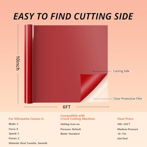 Image of HTVRONT Puff Vinyl Heat Transfer - 10 inch x 6ft Red Puff HTV Vinyl for T Shirts, 3D Puff Heat Transfer Vinyl Compatible with Cricut Cutting Machine - Easy to Cut & Weed & Transfer (Red)