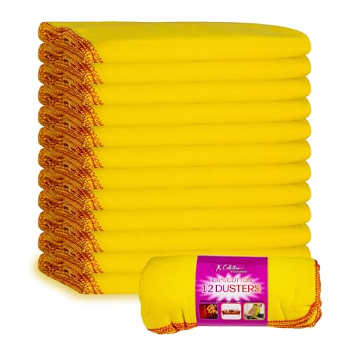 K Collection XL Yellow Dusters 100% Cotton Lint-Free & Reusable - Extra Large Jumbo Cleaning Cloths (40x50cm) Multipurpose for Car Home Polishing & Dusting - 12 Pack