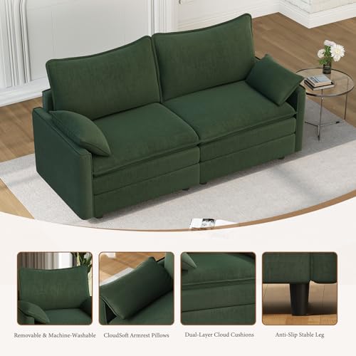 Image of Vesgantti 74 inch Loveseat Sofa for Living Room, Comfy Cloud Couch Deep Seat Chenille Modern 2 Seater Small Sofa with Armrest Pillow, Easy Assembly for Small Spaces, Green