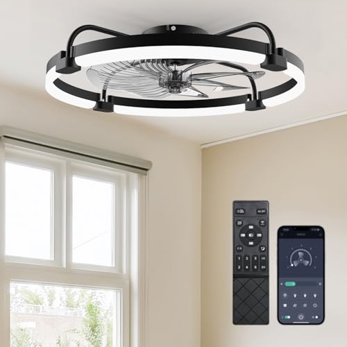Ensenior Deckenventilator mit Beleuchtung, 60cm Deckenlampe mit Ventilator & Fernbedienung, 6 Geschwindigkeiten Leise, Stufenlos Dimmbar (3000K-6500K), Flaches Design für Schlafzimmer Büro - Schwarz