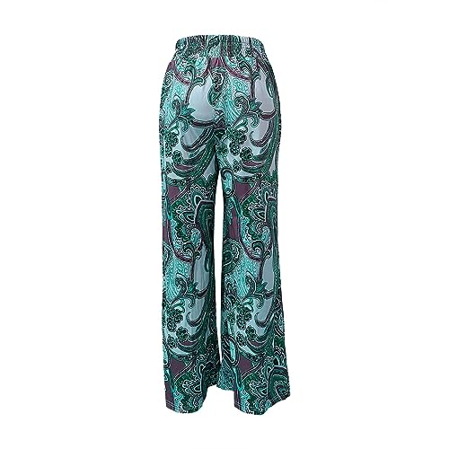 Women Fashion Beach Pants Belted Frilled Waist Tropical Print Boho Pants Wide Leg Palazzo Pants Summer Ladies (Green, L)3