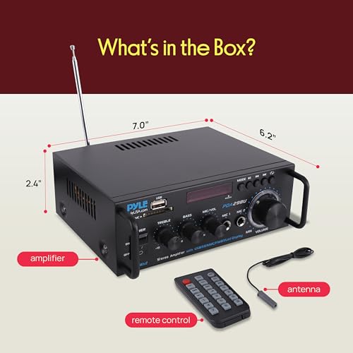 Pyle 200W Bluetooth Compact Power Amplifier - Wireless 2 Channel Audio Receiver with Dual Karaoke Mic Input - RCA - USB-A + SD Card MP3 Player - FM Radio - AUX In - Remote Control - PDA29BU by Pyle - Image 7
