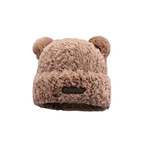 MANGGUO Niedliche Fuzzy-Bären-Mütze, Plüsch-Bär-Beanie Mit Ohren für Frauen (Khaki, One Size)