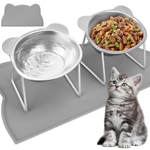 SANWICH Elevated Cat Bowls, Stainless Steel Cat Food Bowls with Placemat, 15° Tilted Raised Pet Food Dishes for Cats, Kitten, Puppies and Small Dogs-2 Pack